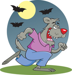 Cartoon illustration of a werewolf with a full moon and bats.