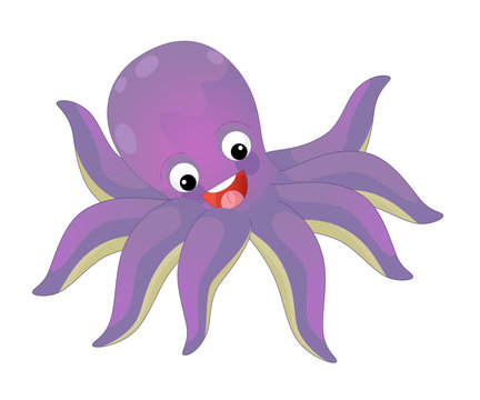 Cartoon happy and funny sea octopus swimming and looking - illustration for children