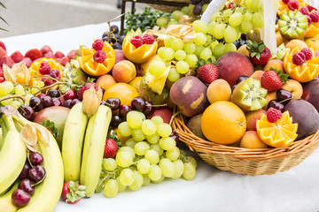 Assortment of fresh fruits in baskets