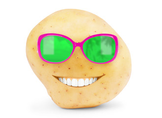 New potato isolated on white background close up With teeth and glasses