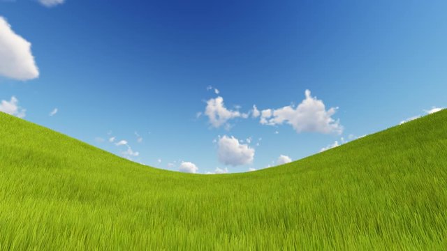 Green field and cloudy sky 3D render