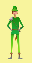 Digital vector kid cartoon simple character young man in green robinhood costume with sword and moustache, abstract flat style