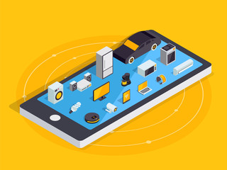 Internet of things layout. IOT online synchronization and connection via smartphone wireless technology. Smart home concept with isometric icons of home appliances.