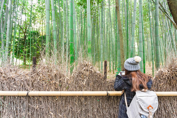 Hipster young girl with backpack enjoying bamboo forest. Tourist traveler on background view mockup. Hiker looking natural in trip in Arashiyama, Tokyo, Japan country, mock up text.
