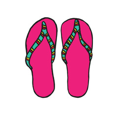 Pink flip-flops with green striped band, isolated hand drawn outline doodle, sketch in pop art style, color vector illustration
