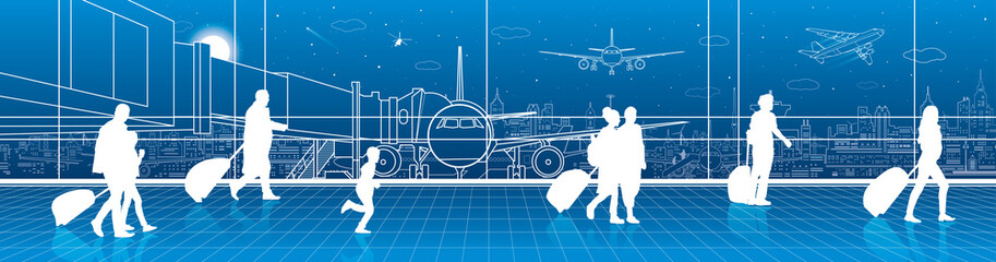 Airport terminal, aircraft on runway, airplane takeoff, aviation scene, people expect flight, transportation infrastructure on background, vector design art