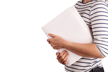 Hand holding a braille book. Woman show pages.