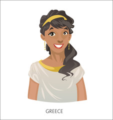 Digital vector funny cartoon smiling greek woman in national dress, black curled hair, abstract flat style