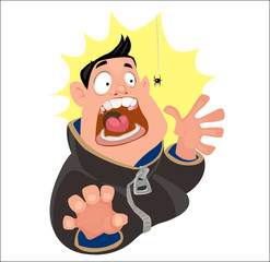 Digital vector funny cartoon crazy man character scared by a spider, mouth white open big tongue and white teeth, abstract flat style