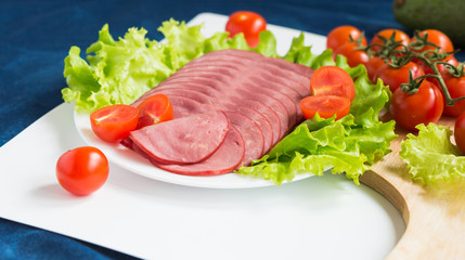 Beef Ham Slices with Lettuce and Cherry Tomatoes