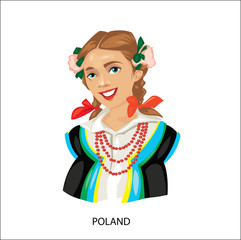 Digital vector funny cartoon smiling poland woman in national dress with beads, flowers in hair, abstract flat style