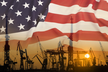 Industrial concept with United States flag at sunset - obrazy, fototapety, plakaty