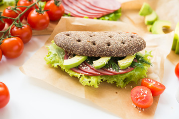 Homemade Sandwich with Beef Ham, Lettuce and Avocado