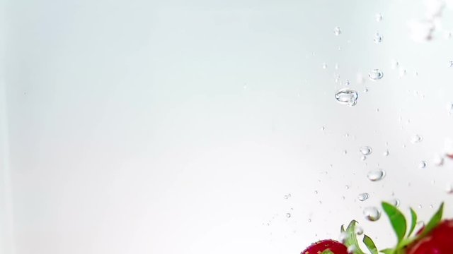 red fresh fruit strawberries falling into water with splash on white background, strawberry for health and diet, nutrition concept