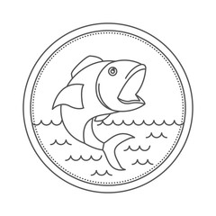 sketch silhouette of circular emblem with waves of sea and open mouth fish vector illustration