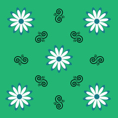 Flower, white daisy and pattern elements on a green background