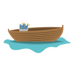 color silhouette wooden fishing boat in lake with bucket full of fish vector illustration