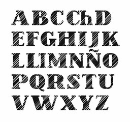 Spanish font, diagonal striped pattern, black, white background, vector. Spanish alphabet, capital letters with serifs.  