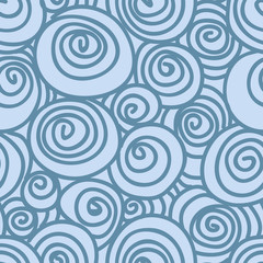 Fototapeta na wymiar Hand Drawn Blue Waves and Spirals Seamless Pattern. Repeating graphic design. Hand drawn elements. Hand drawn spirals simple pattern.