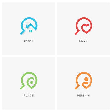 Search logo set. House or home, heart, address pointer, person and magnifier symbol - realty, love, travel and employment agency icons.
