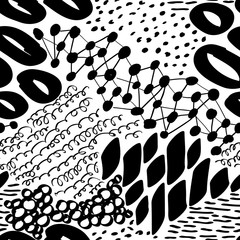 Complex Hand Drawn Circles and Dots Seamless Pattern. Black on white reapiting graphic. Hand drawn elements.