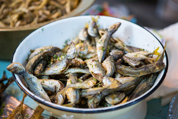 Fried fish. Fish steers. Fish fried in flour with garnish
