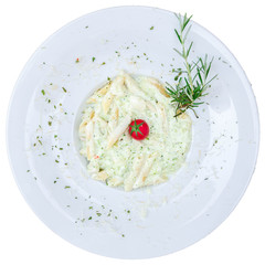 Italian penne macaroni isolated on white top view