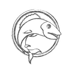 blurred sketch silhouette of circular shape emblem with trout fish vector illustration