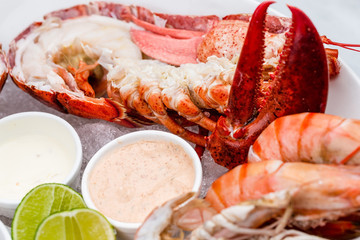 Fresh seafood platter with lobster, mussels and oysters