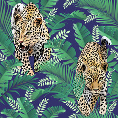 cheetah and leopards palm leaves tropical watercolor in the jungle seamless background