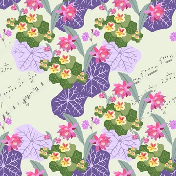 Romantic pattern with exotic floral composition and musical notes on light green background.