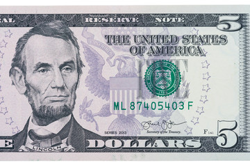 Portrait of Abraham lincoln from new edition five dollars bill (Extreme macro shot)