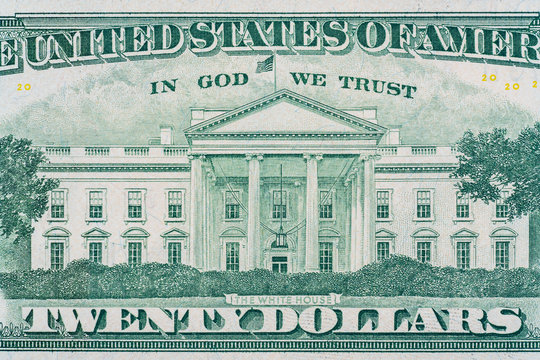 Macro detail of the White House on back of the US twenty dollar bill. 