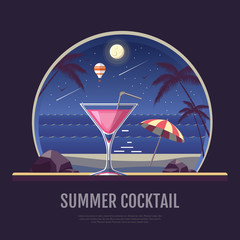 Flat style design of summer beach landscape with cocktail
