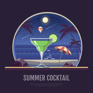 Flat style design of summer beach landscape with cocktail. Night scene