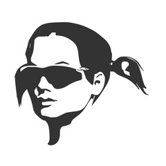 Portrait of beautiful woman in black sunglasses. Pigtails hair style. Half turn view