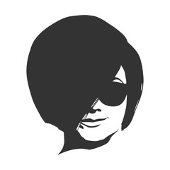 Portrait of beautiful woman in black sunglasses. Short hair. Front view