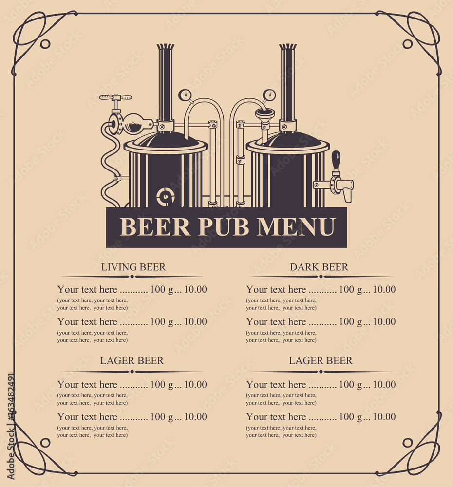 Poster vector menu for beer pub with price list and beer production in retro style in curly frame.