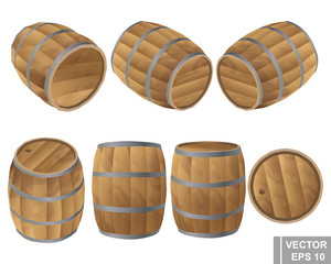 A wooden barrel set from different angles. Realistic. Isolated on white background.