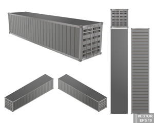 Set of realistic sea container. Metal. Gray. Shipping. Isolated on white background. Isometry.