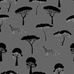Seamless Pattern with Leopard and savanna trees