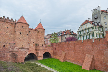 Fototapeta na wymiar Barbican in Warsaw - ancient defensive brick wall of old fortress