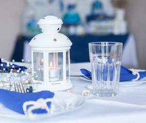decor of dining table, blue and white color.
