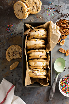 Ice cream sandwiches with chocolate chip cookies