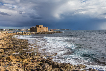 Byzantine castle in the harbor of Paphos, Cyprus, on the shores of the Mediterranean Sea