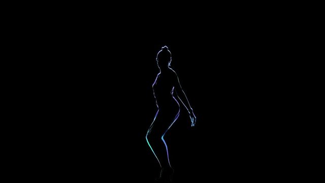 Woman dancer perform Latin dance on black background, computer graphics