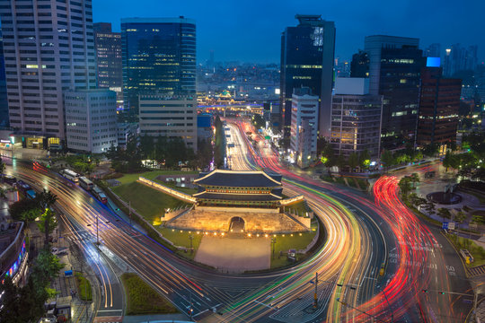 Seoul. Image of Seoul downtown with Sungnyemun Gate during twilight blue hour.