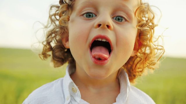 Portrait of happy curly little kid in green wheat field. Boy making funny faces and smiling at the camera. Close up