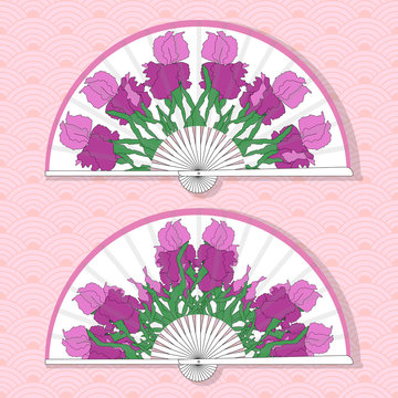 Vector Illustration Of Two Asian Folding Paper Fans.