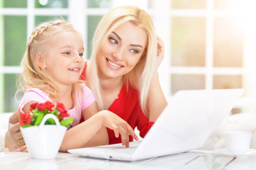 Obraz na płótnie Canvas woman and little girl using laptop